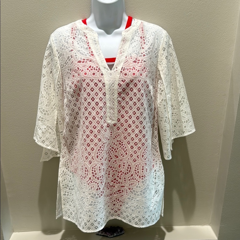 White Lace Blouse / Tunic , beach coverup .
